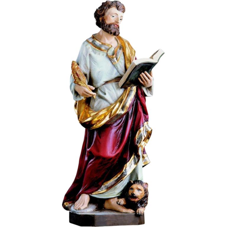 Holzfigur Hl. Markus Evangelist mit Löwe, Buch und Feder