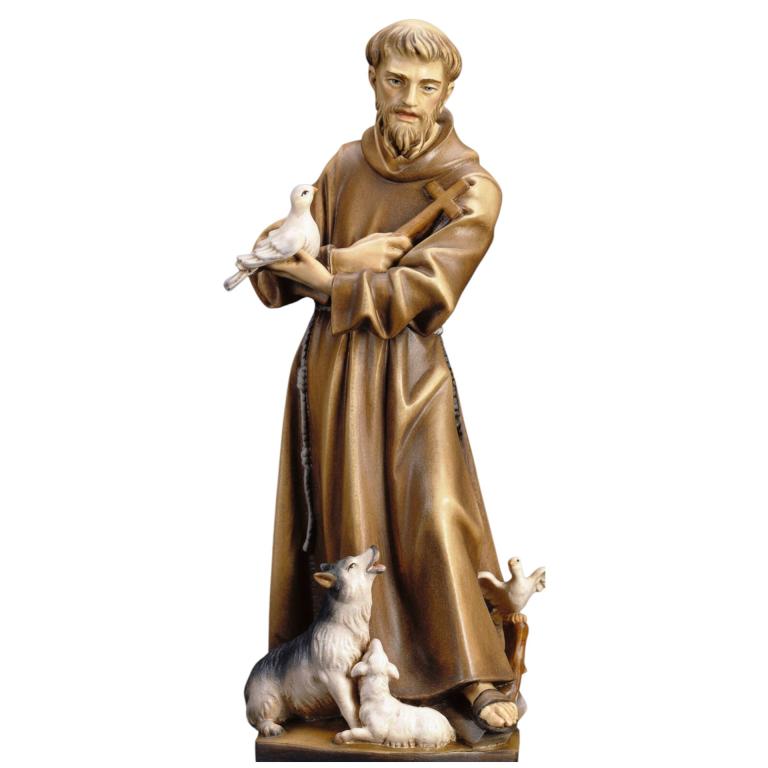 Hl. Franziskus v. Assisi mit Tieren – holzgeschnitzte Heiligenfigur des Schutzpatrons der Tiere