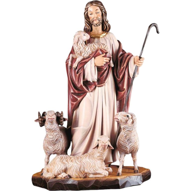 Jesus guter Hirte Holzfigur mit 3 Schafen