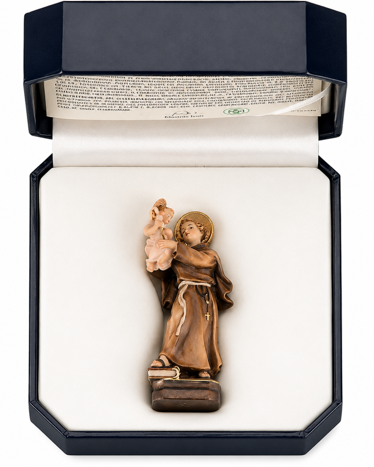 Hl. Antonius von Padua mit Jesuskind als handbemalte Miniatur-Holzfigur im Etui