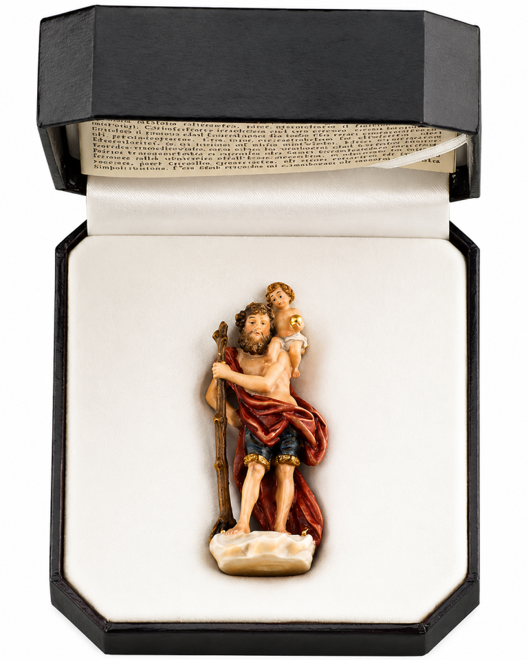 Hl. Christophorus mit Jesuskind als handbemalte Miniatur-Holzfigur im Etui