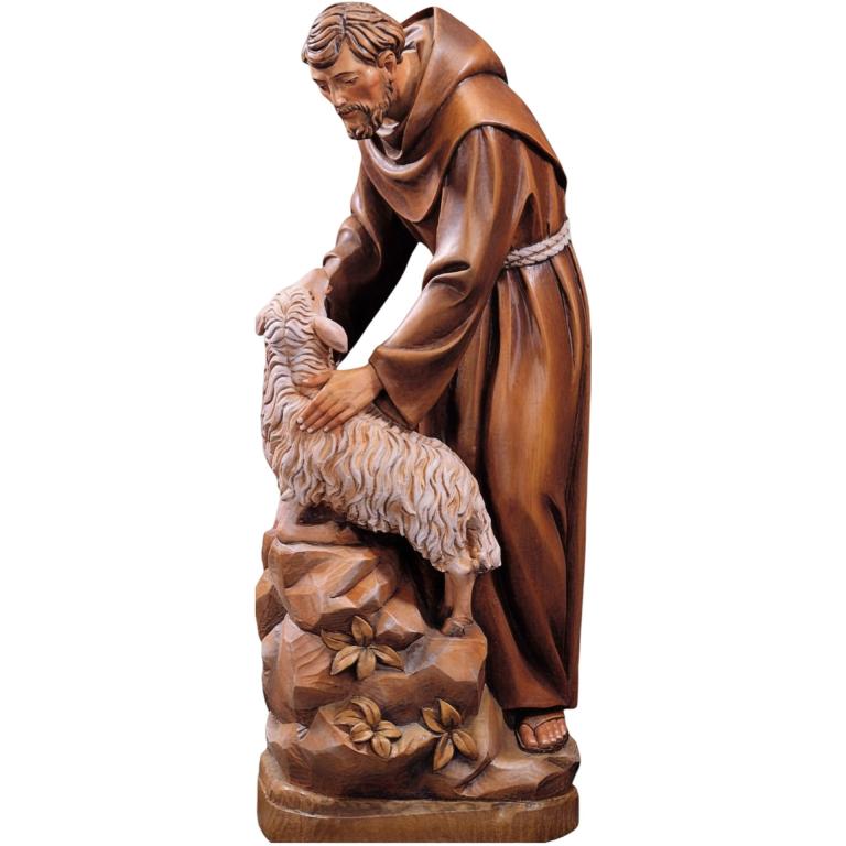 Hl. Franziskus mit Schaf – holzgeschnitzte Heiligenfigur des Schutzpatrons der Tiere