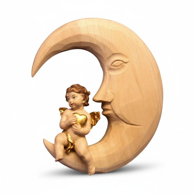 Mond mit Herzengel - Holzschnitzerei