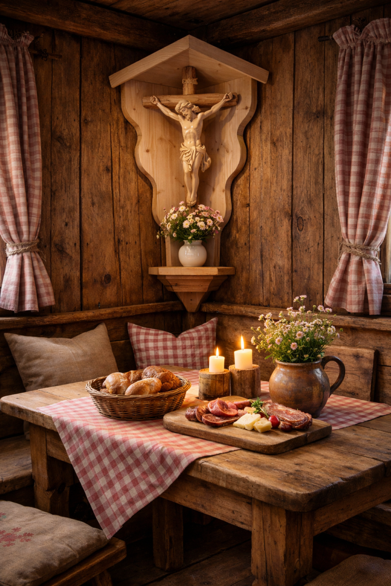 Rustikale Ecke mit Holzkreuz und Blumen