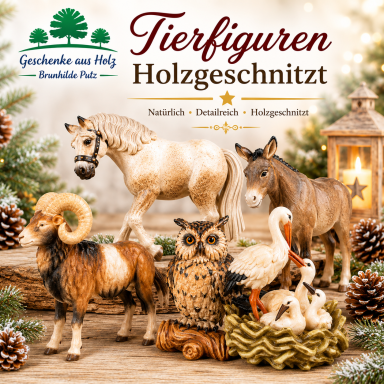 Holzgeschnitzte Tierfiguren aus Holz – Eule, Storch mit Jungtieren, Widder und Pferd in weihnachtlicher Dekoration | Holzfiguren2004