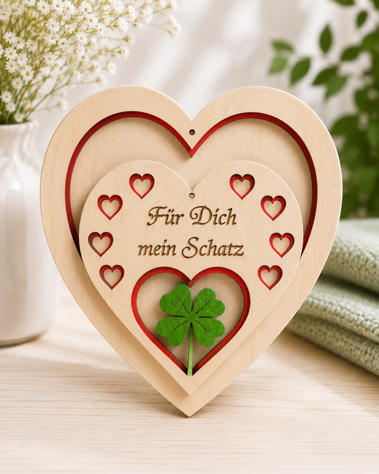 Holzherz mit graviertem Spruch als dekorative Wanddekoration