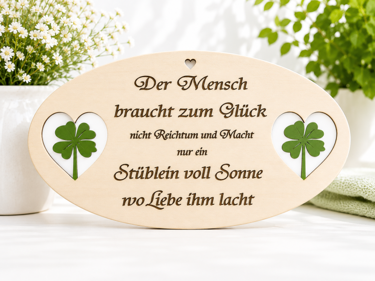 Türschild aus Holz mit Lasergravur und Spruch Der Mensch braucht zum Glück