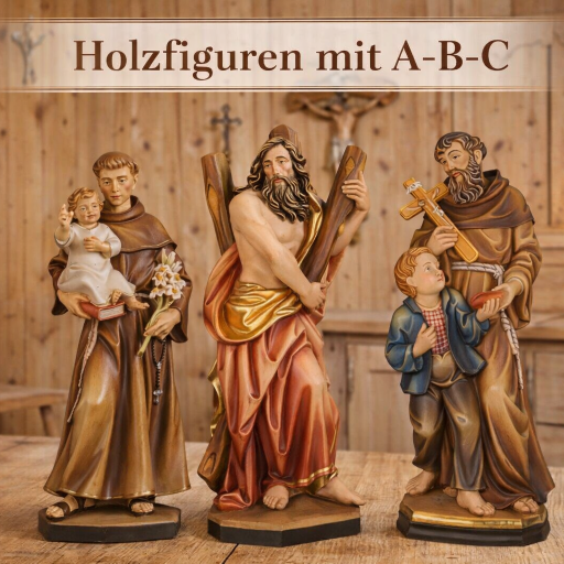 Holzgeschnitzte Heiligenfiguren Männer A–B–C aus Ahornholz