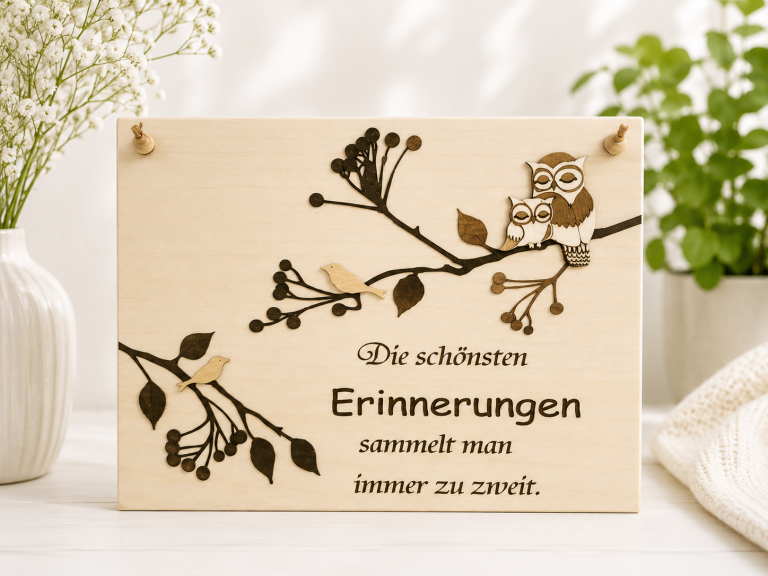 Holztafel mit Spruch Die schönsten Erinnerungen sammelt man immer zu zweit und Eulenpaar