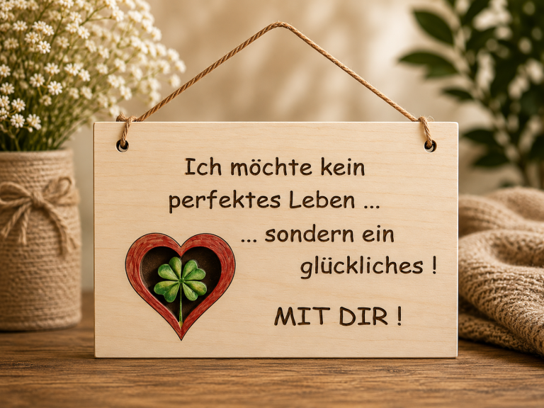 Holztafel mit Spruch Glückliches Leben mit Dir und Eulenpaar