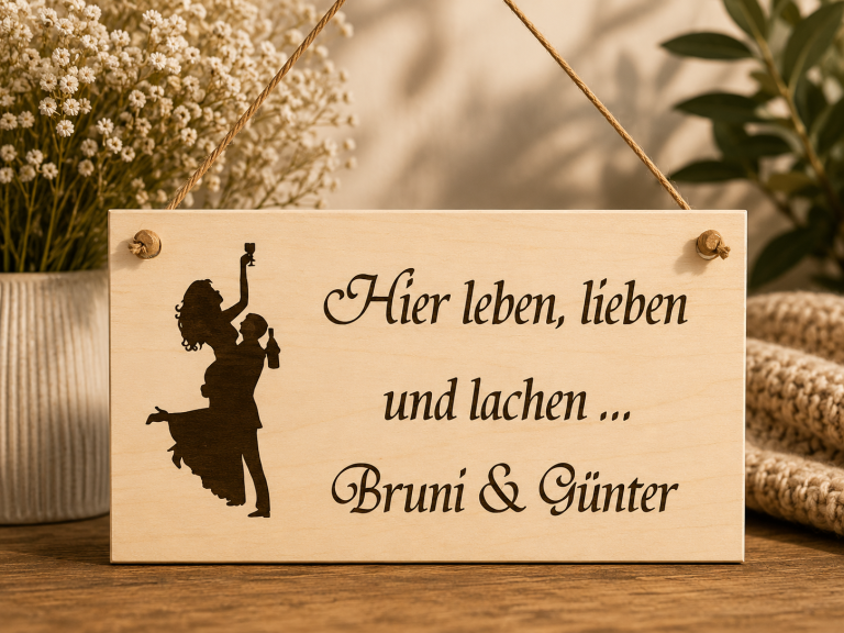 Personalisierte Holztafel mit Namen und Spruch Hier lachen lieben und leben