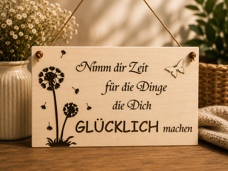 Holztafel mit Pusteblume und Spruch Nimm dir Zeit für die Dinge die dich glücklich machen