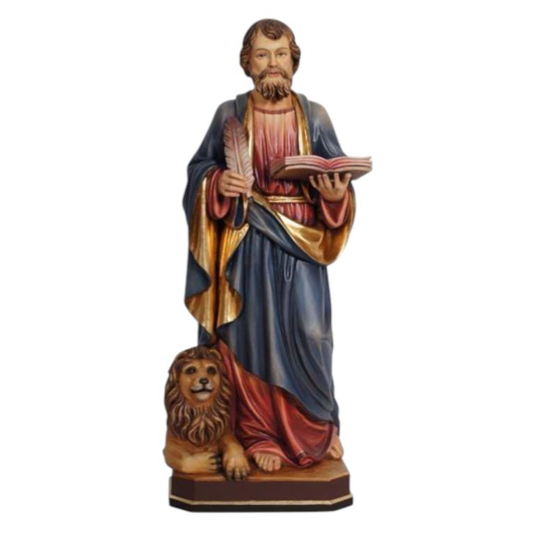 Holzfigur Hl. Markus Evangelist mit Löwe, Evangelienbuch und Feder