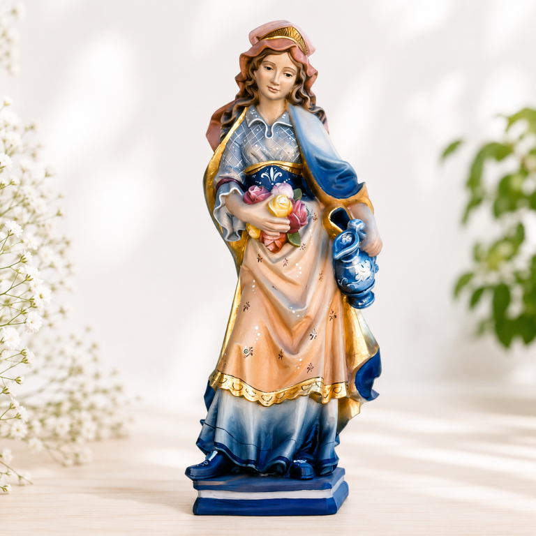 Holzfigur Heilige Elisabeth Königin mit Rosen und Wasserkrug
