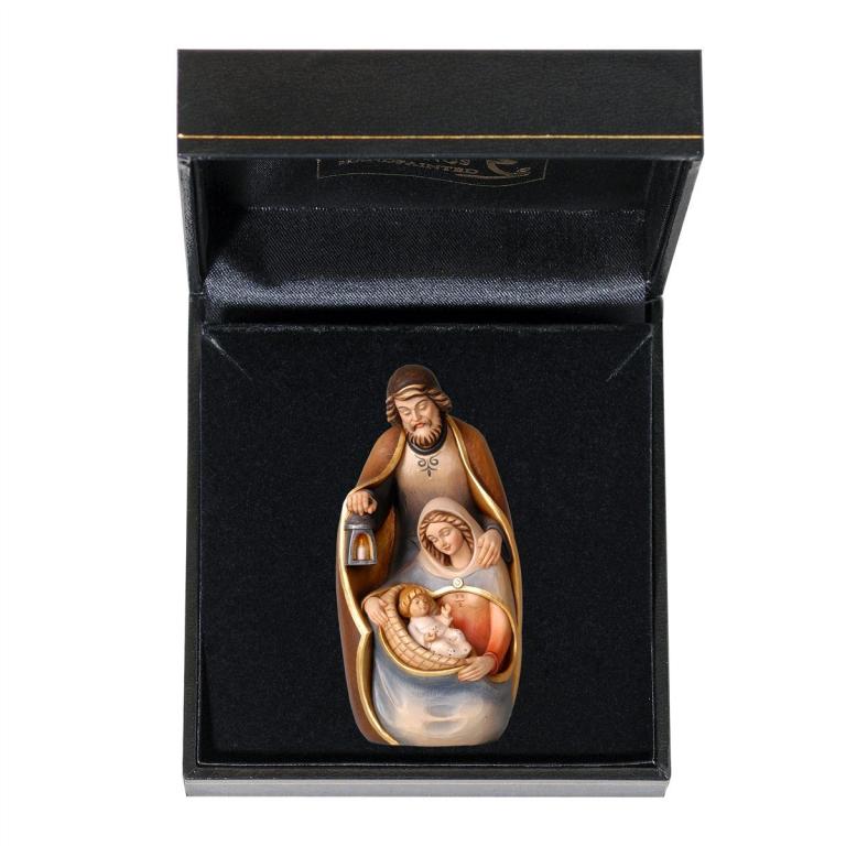 Blockkrippe Pema mit Etui als handbemalte Miniaturkrippe aus Holz mit der Heiligen Familie
