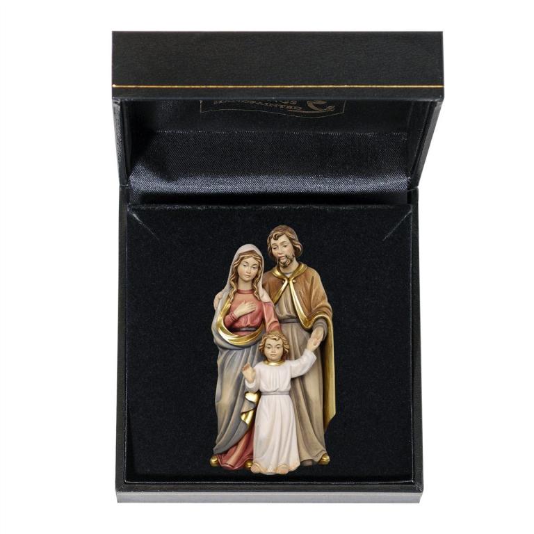 Hl. Familie mit Jesuskind (Knabe) als handbemalte Miniatur Holzfigur im Etui