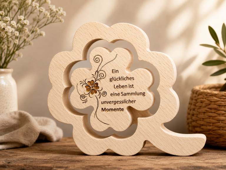 Holz Kleeblatt aus Lindenholz mit Spruch und vierblättrigem Glückskleeblatt