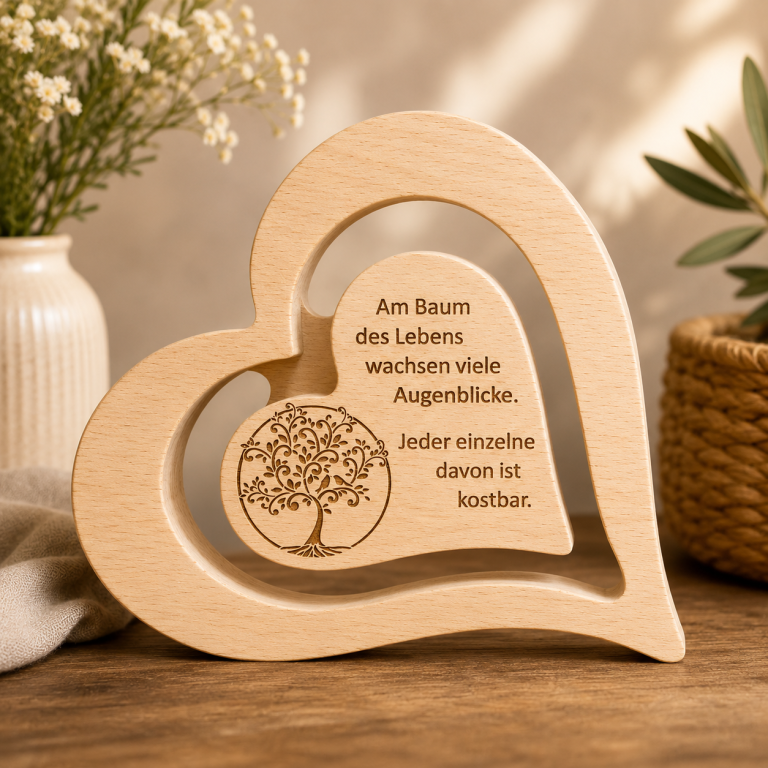 Holzherz aus Lindenholz mit Baum des Lebens und graviertem Spruch