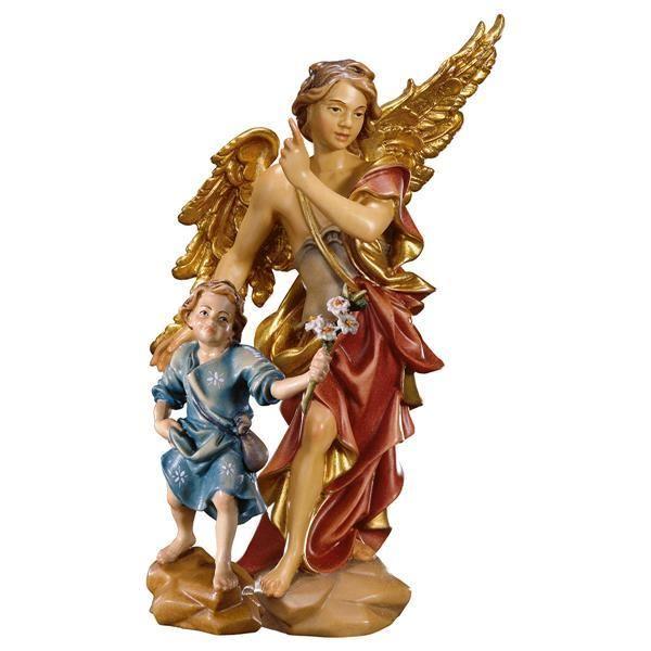 schutzengel mit junge und blumenstrauss holzfigur