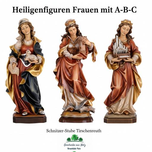 Holzgeschnitzte Heiligenfiguren Frauen A–B–C aus Ahornholz