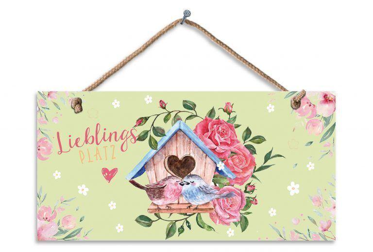 Holzschild Lieblingsplatz mit Vogelhäuschen, Vögeln und Blumen zum Aufhängen