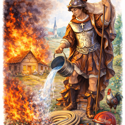 Heiliger Florian löscht Feuer – Darstellung als Schutzpatron der Feuerwehr. 