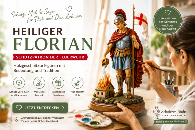 Holzgeschnitzte Figur des Heiligen Florian wird von einer Künstlerin mit Ölfarben bemalt – Schutzpatron der Feuerwehr