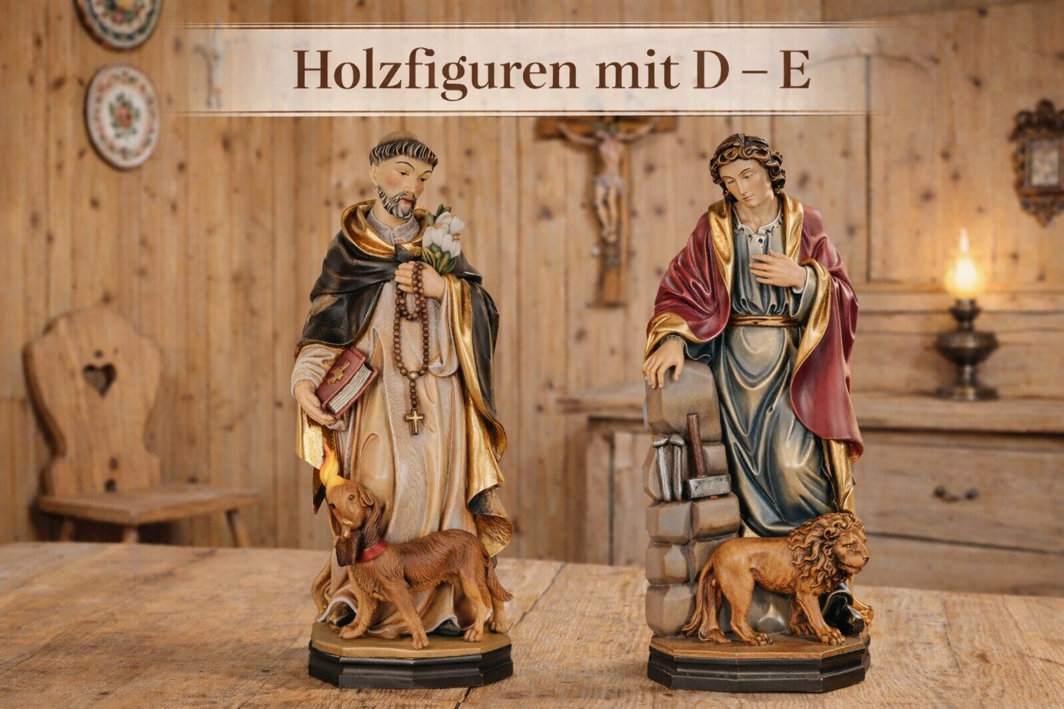 Holzfiguren geschnitzt mit D- E- Holzschnitzereien
