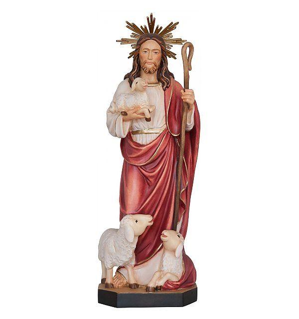 Jesus guter Hirte Holzfigur mit Gloriole und Schaf