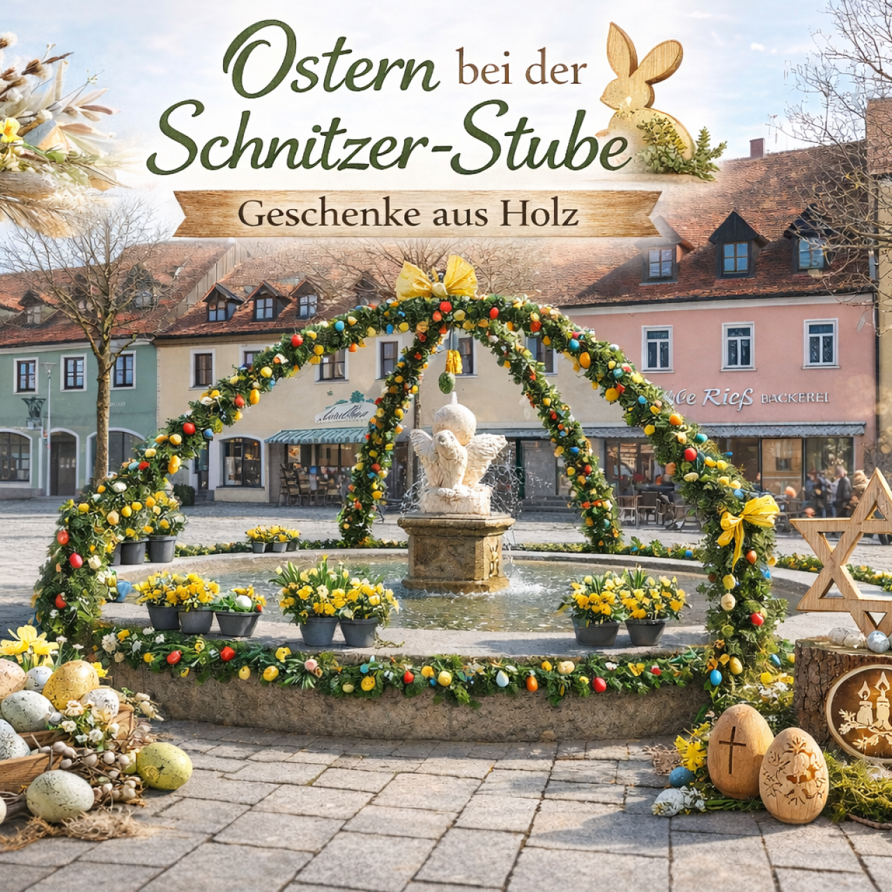 Osterschmuck am Brunnen im Stadtplatz