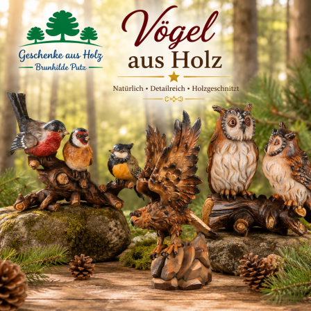 Holzgeschnitzte Vogelfiguren aus Ahornholz mit Eulen und weiteren Vögeln