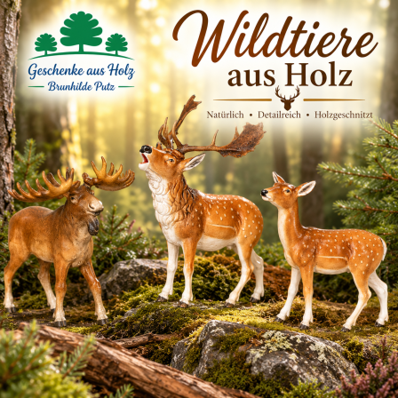 Holzgeschnitzte Wildtierfiguren aus Ahornholz mit Hirsch, Rehbock, Elch und Steinbock